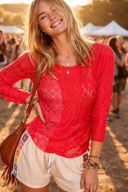POL Exposed Seam Long Sleeve Lace Knit Top in Coral Red